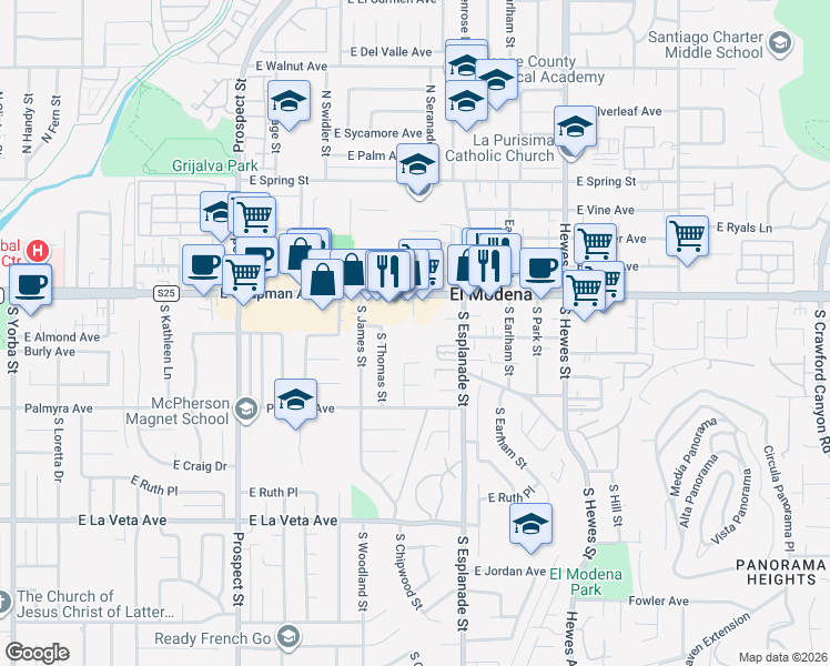 map of restaurants, bars, coffee shops, grocery stores, and more near 100 South Seranado Street in Orange