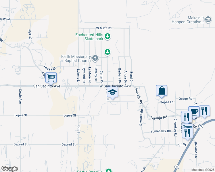 map of restaurants, bars, coffee shops, grocery stores, and more near 2 Diana Street in Perris