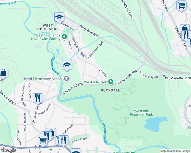 map of restaurants, bars, coffee shops, grocery stores, and more near 1510 Craftsman Road Northwest in Atlanta