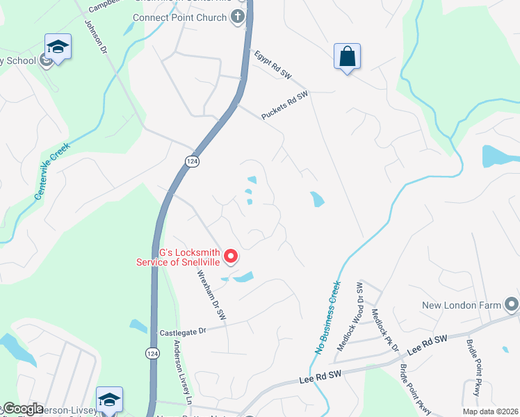 map of restaurants, bars, coffee shops, grocery stores, and more near 4366 Shoreside Circle Southwest in Snellville