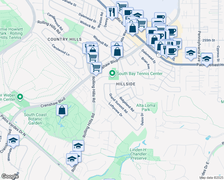 map of restaurants, bars, coffee shops, grocery stores, and more near 2733 Grand Summit Road in Torrance