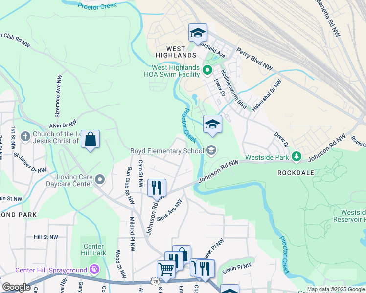 map of restaurants, bars, coffee shops, grocery stores, and more near 1964 Jones Avenue Northwest in Atlanta