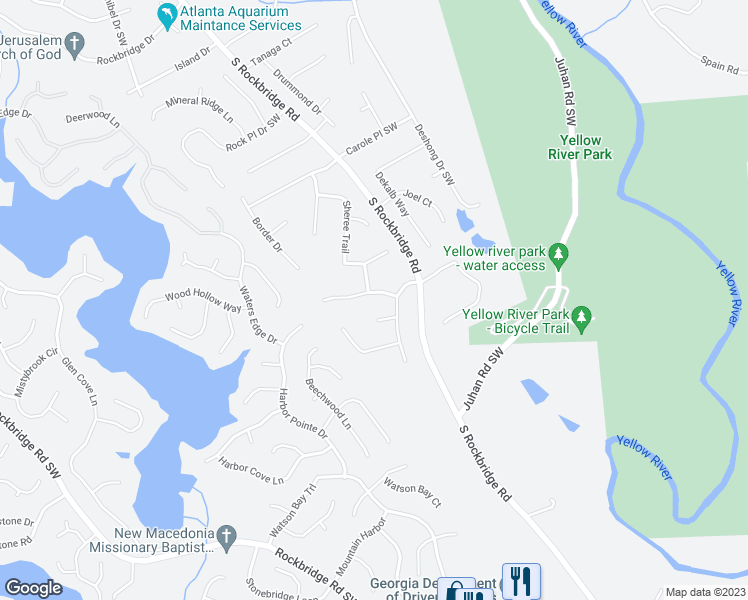 map of restaurants, bars, coffee shops, grocery stores, and more near 5110 Salem Drive in Stone Mountain