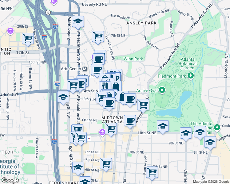 map of restaurants, bars, coffee shops, grocery stores, and more near 14th Street Northeast in Atlanta