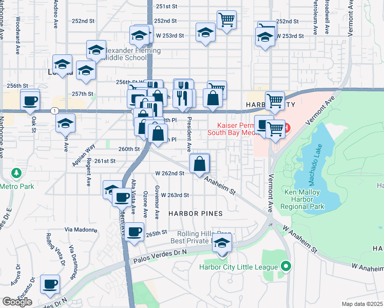 map of restaurants, bars, coffee shops, grocery stores, and more near 1540 260th Street in Los Angeles