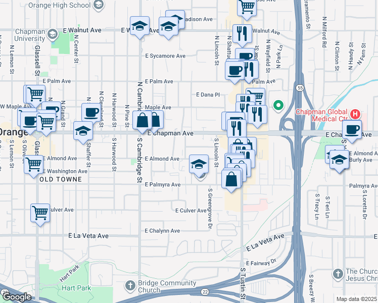 map of restaurants, bars, coffee shops, grocery stores, and more near 169 South Jameson Street in Orange