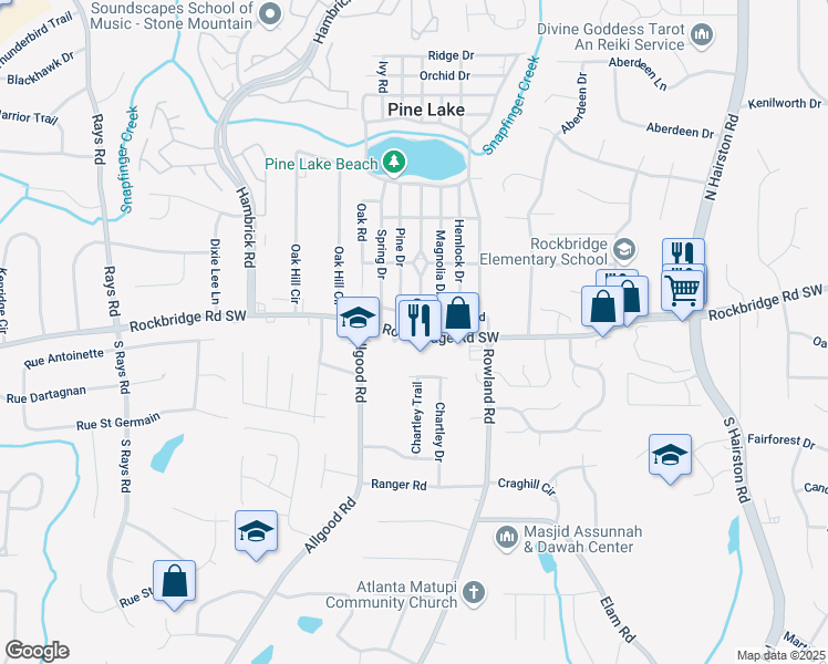 map of restaurants, bars, coffee shops, grocery stores, and more near 404 Clubhouse Drive in Pine Lake