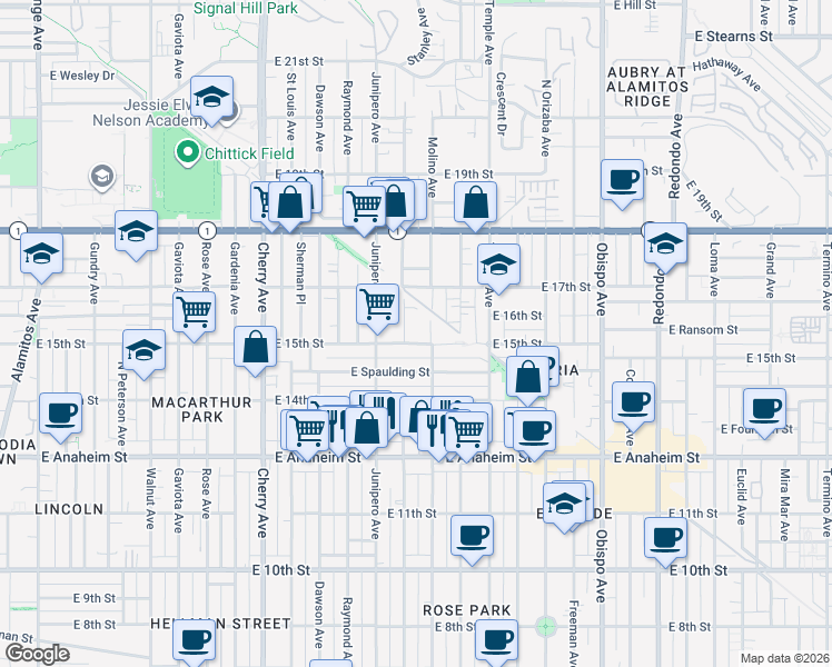 map of restaurants, bars, coffee shops, grocery stores, and more near 2507 East 15th Street in Long Beach
