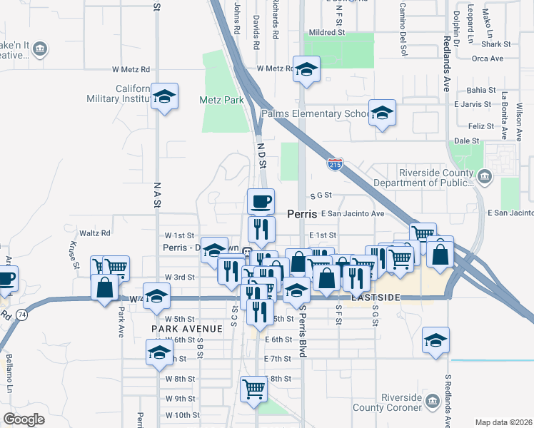 map of restaurants, bars, coffee shops, grocery stores, and more near 24 South D Street in Perris