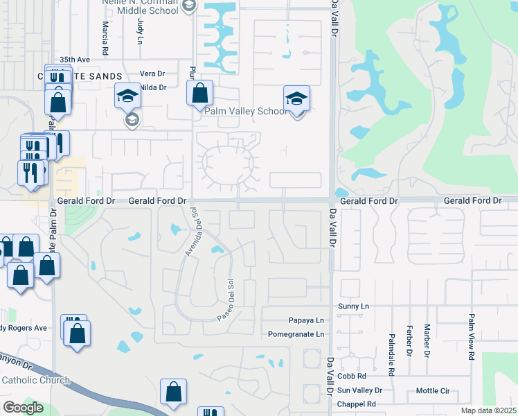 map of restaurants, bars, coffee shops, grocery stores, and more near 36134 Rancho Aldea in Cathedral City