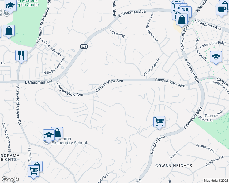 map of restaurants, bars, coffee shops, grocery stores, and more near 6608 East Pinnacle Pointe in Orange