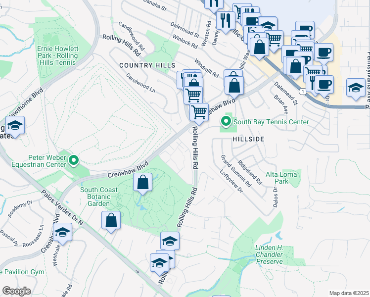 map of restaurants, bars, coffee shops, grocery stores, and more near 3604 West Estates Lane in Rolling Hills Estates