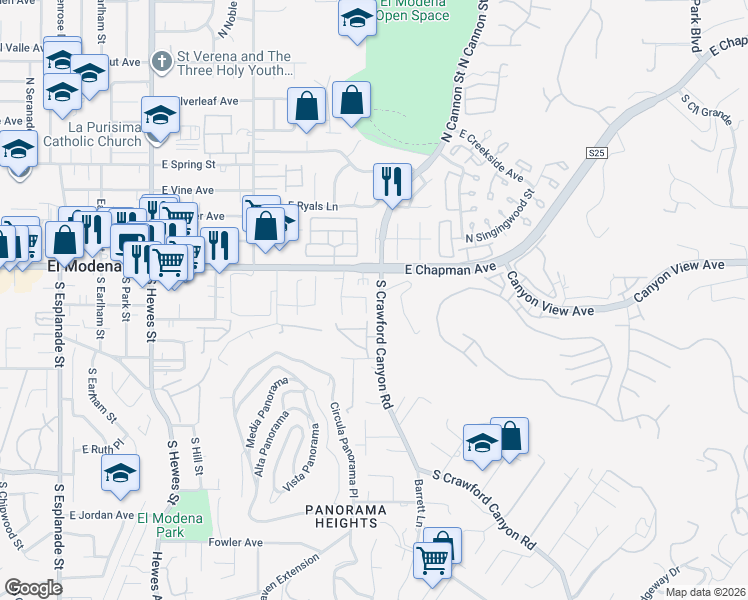 map of restaurants, bars, coffee shops, grocery stores, and more near 165 South Los Mesquites Street in Orange