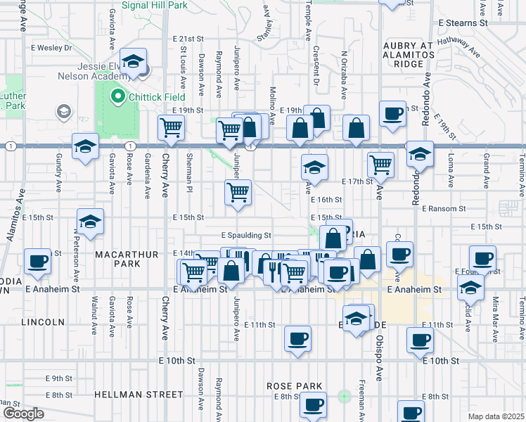 map of restaurants, bars, coffee shops, grocery stores, and more near 2507 East 15th Street in Long Beach
