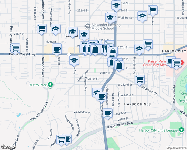 map of restaurants, bars, coffee shops, grocery stores, and more near 1852 260th Street in Lomita