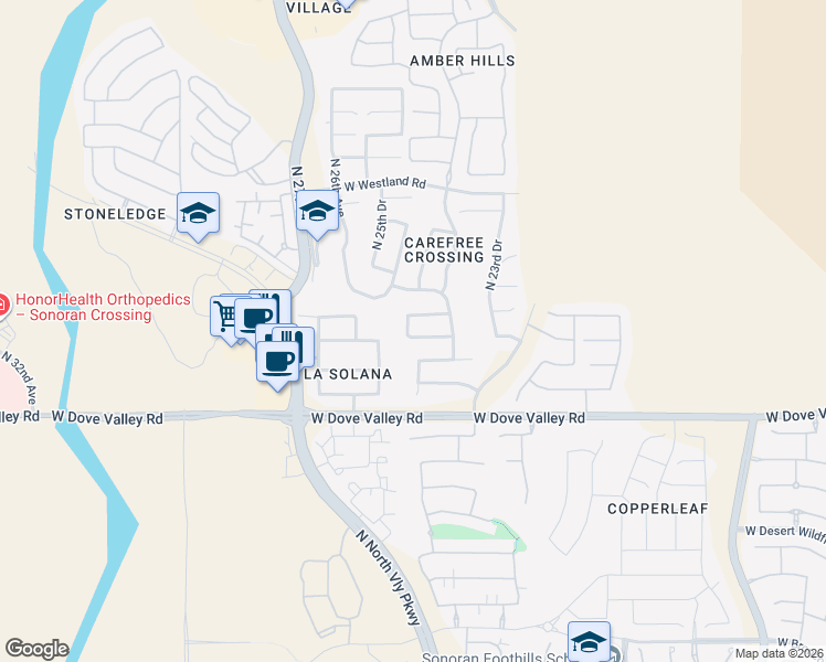 map of restaurants, bars, coffee shops, grocery stores, and more near 2437 West Red Range Way in Phoenix