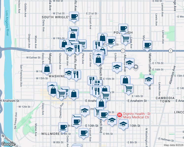 map of restaurants, bars, coffee shops, grocery stores, and more near 1564 Locust Avenue in Long Beach