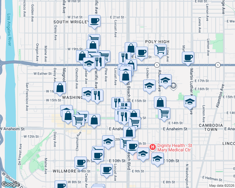 map of restaurants, bars, coffee shops, grocery stores, and more near 1564 Locust Avenue in Long Beach