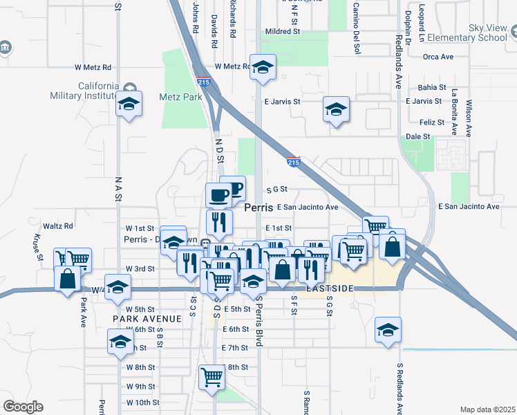 map of restaurants, bars, coffee shops, grocery stores, and more near in San Jacinto