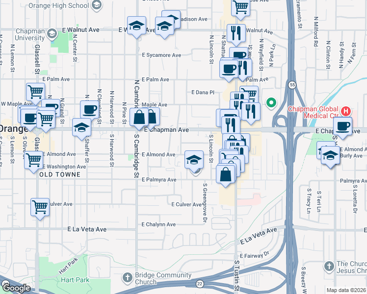 map of restaurants, bars, coffee shops, grocery stores, and more near 169 South Jameson Street in Orange