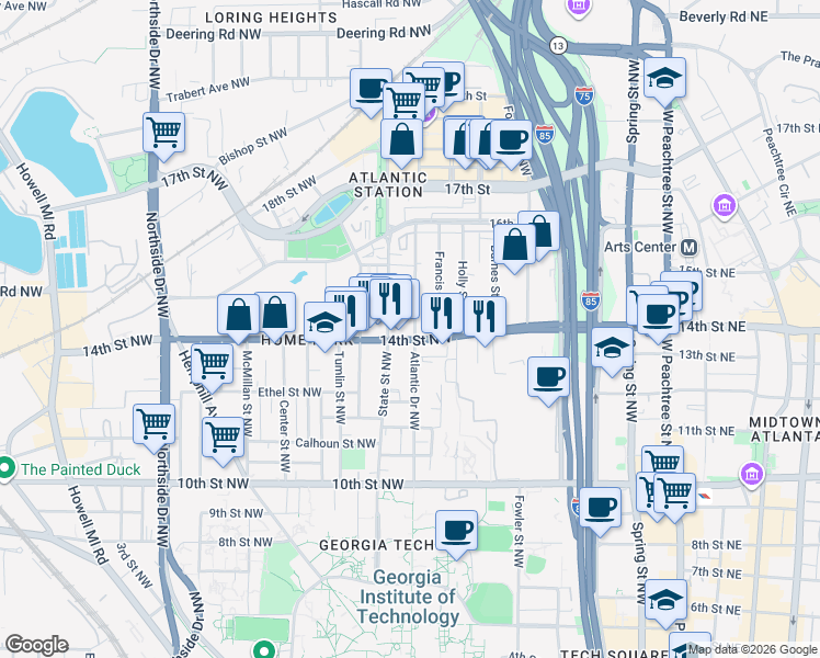 map of restaurants, bars, coffee shops, grocery stores, and more near 1166 Atlantic Drive Northwest in Atlanta