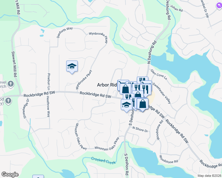 map of restaurants, bars, coffee shops, grocery stores, and more near 392 Arbor Ridge Drive in Stone Mountain