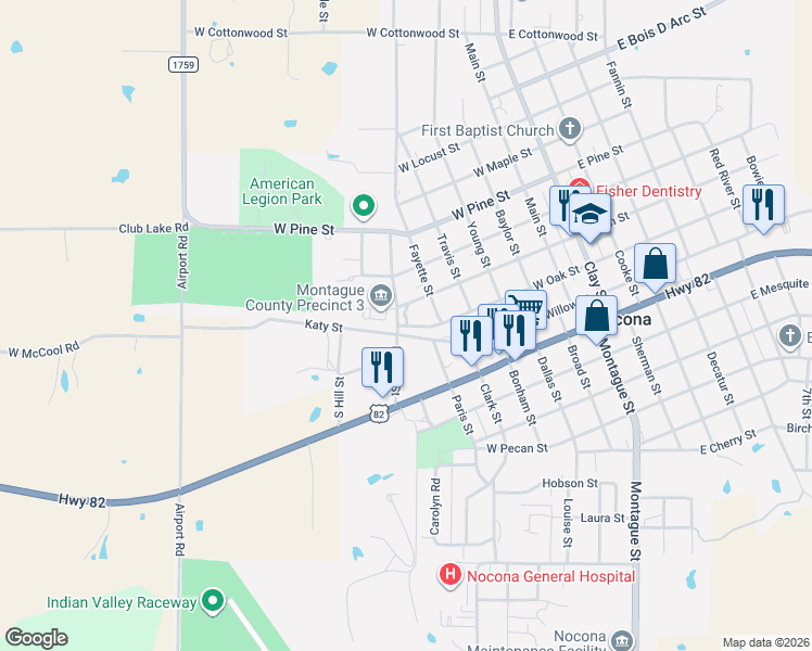 map of restaurants, bars, coffee shops, grocery stores, and more near 209 Katy Street in Nocona