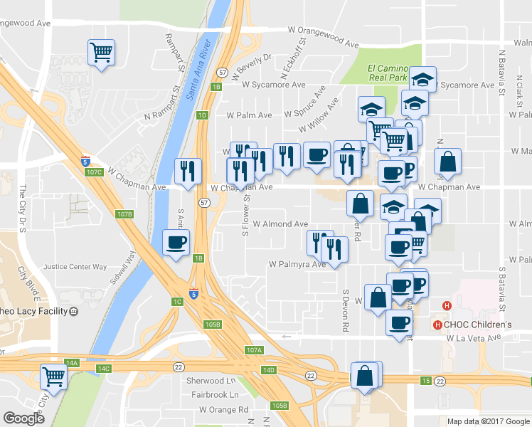 map of restaurants, bars, coffee shops, grocery stores, and more near 2202 West Mills Drive in Orange