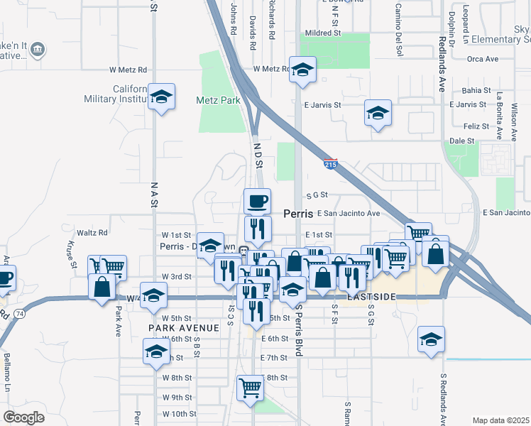 map of restaurants, bars, coffee shops, grocery stores, and more near 2 East San Jacinto Avenue in Perris
