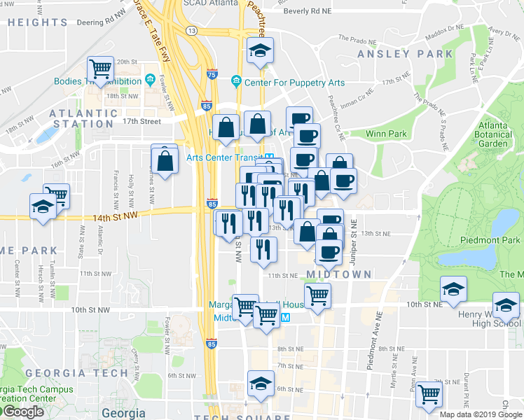 map of restaurants, bars, coffee shops, grocery stores, and more near 875 West Peachtree Street Northeast in Atlanta