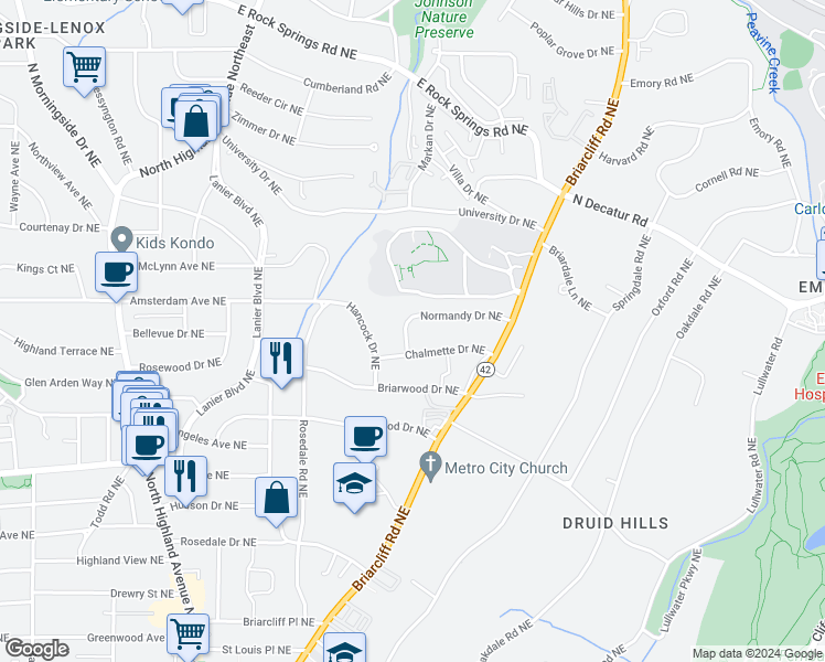 map of restaurants, bars, coffee shops, grocery stores, and more near 1336 Chalmette Drive Northeast in Atlanta