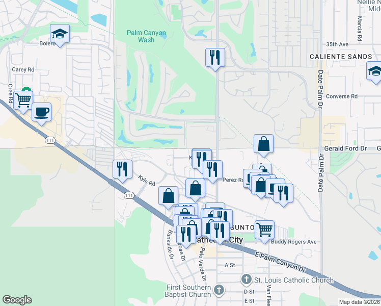 map of restaurants, bars, coffee shops, grocery stores, and more near 68342 Kieley Road in Cathedral City