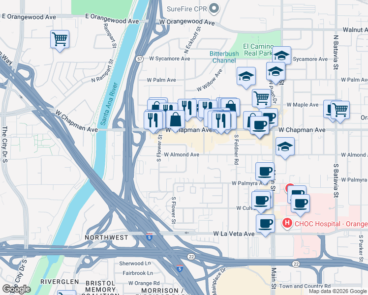 map of restaurants, bars, coffee shops, grocery stores, and more near in Orange