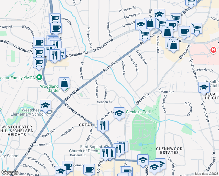 map of restaurants, bars, coffee shops, grocery stores, and more near 115 Champlain Street in Decatur