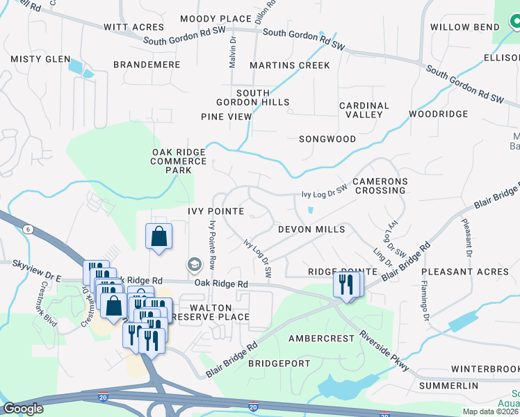 map of restaurants, bars, coffee shops, grocery stores, and more near 6892 Hickory Log Road in Austell
