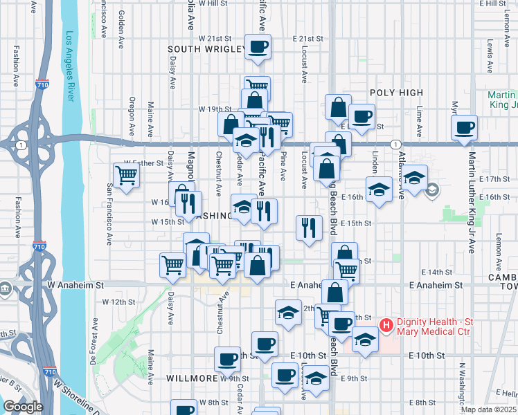 map of restaurants, bars, coffee shops, grocery stores, and more near 1557 Pacific Avenue in Long Beach
