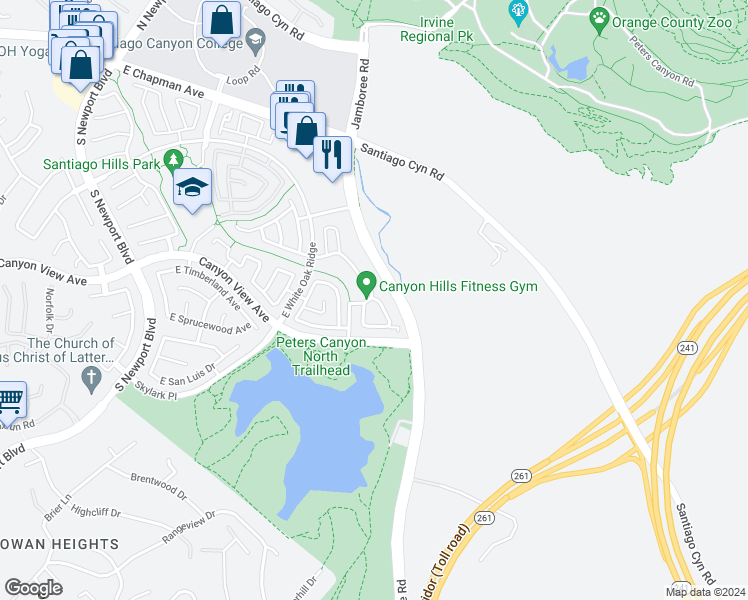 map of restaurants, bars, coffee shops, grocery stores, and more near 211 South Grisly Canyon Drive in Orange