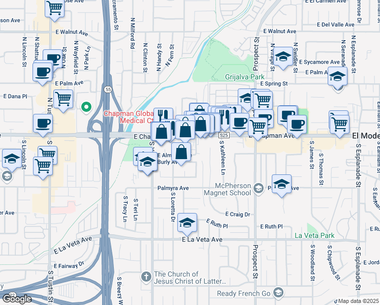 map of restaurants, bars, coffee shops, grocery stores, and more near 2811 Burly Avenue in Orange