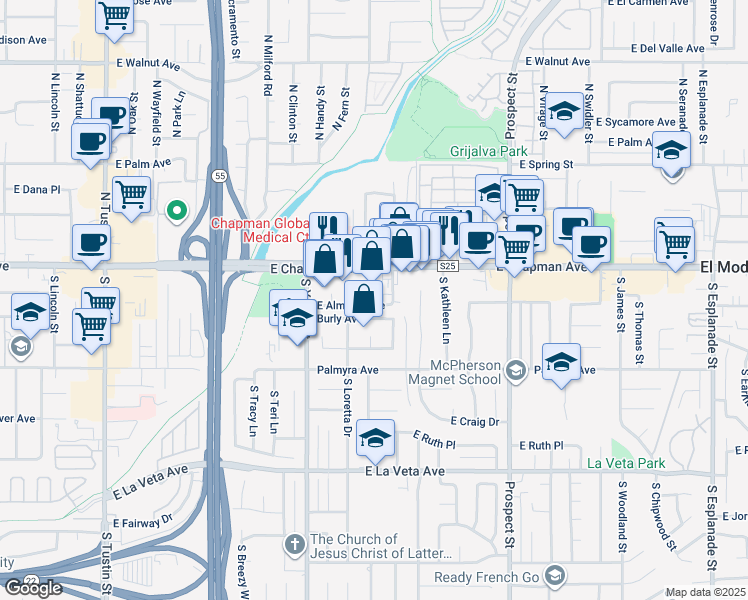 map of restaurants, bars, coffee shops, grocery stores, and more near 2811 Burly Avenue in Orange