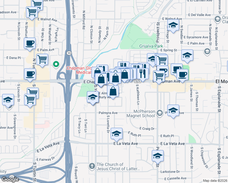 map of restaurants, bars, coffee shops, grocery stores, and more near 2651 Burly Avenue in Orange