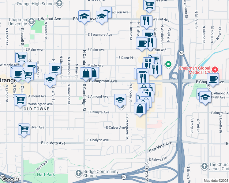 map of restaurants, bars, coffee shops, grocery stores, and more near 1207 East Almond Avenue in Orange