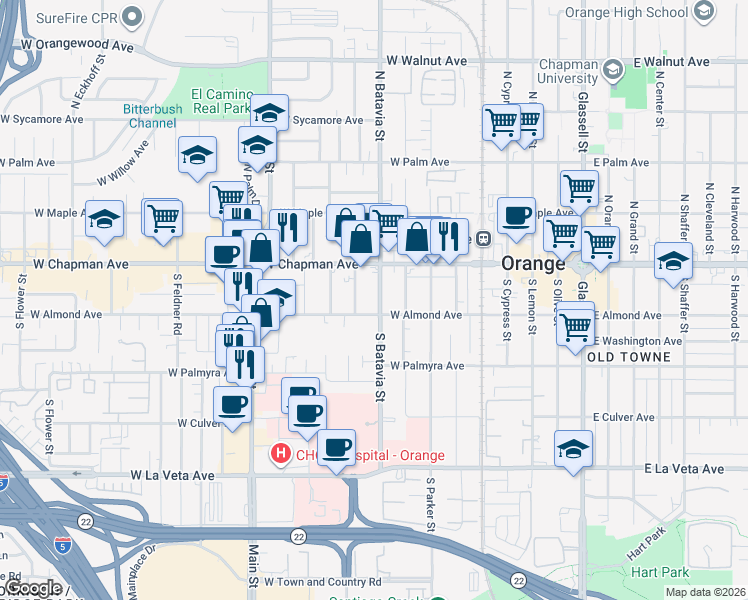 map of restaurants, bars, coffee shops, grocery stores, and more near 938 West Almond Avenue in Orange