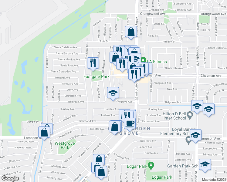 map of restaurants, bars, coffee shops, grocery stores, and more near in Garden Grove