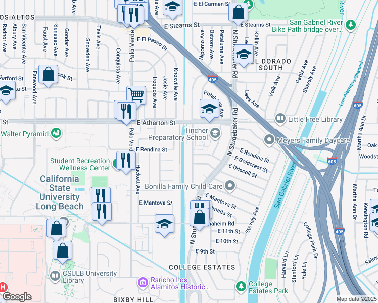 map of restaurants, bars, coffee shops, grocery stores, and more near 6703 East Espanita Street in Long Beach