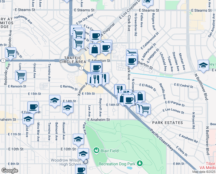 map of restaurants, bars, coffee shops, grocery stores, and more near 1488 Park Avenue in Long Beach