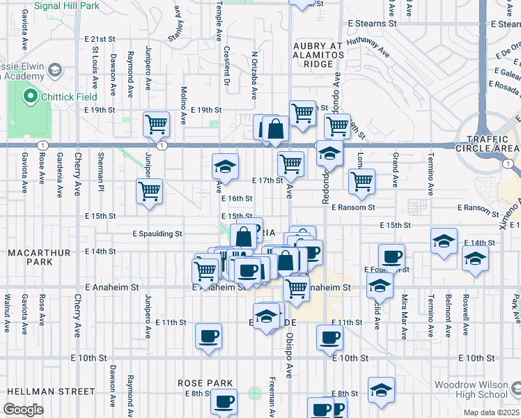 map of restaurants, bars, coffee shops, grocery stores, and more near in Long Beach