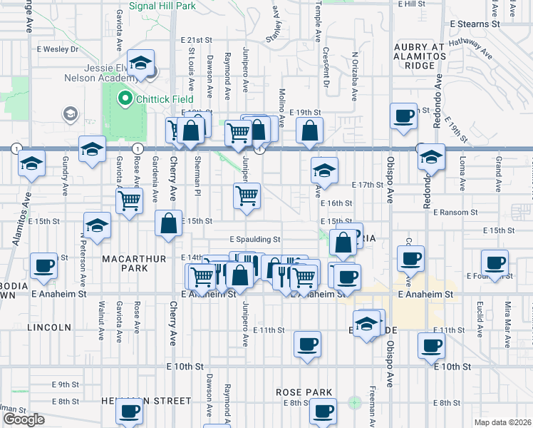 map of restaurants, bars, coffee shops, grocery stores, and more near 2440 East 15th Street in Long Beach