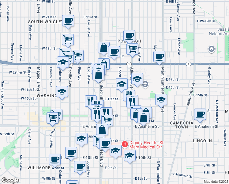 map of restaurants, bars, coffee shops, grocery stores, and more near 1534 Elm Avenue in Long Beach