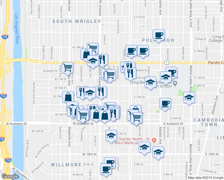 map of restaurants, bars, coffee shops, grocery stores, and more near 1537 Pine Avenue in Long Beach