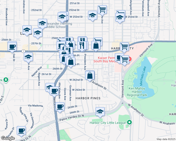 map of restaurants, bars, coffee shops, grocery stores, and more near 1537 261st Street in Los Angeles